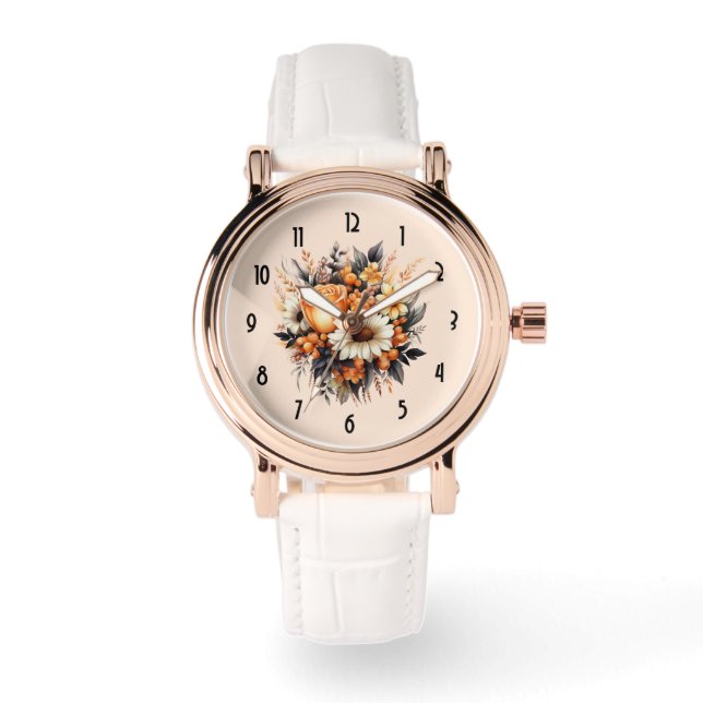 Orange Yellow Gray Blume Bouquet Armbanduhr (Vorderseite)