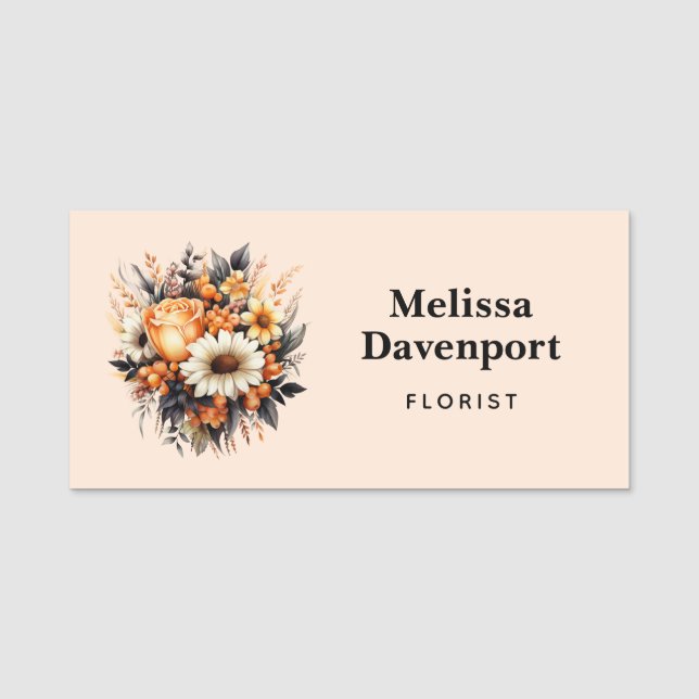 Orange Yellow Gray Blume Bouquet Namensschild (Vorderseite)