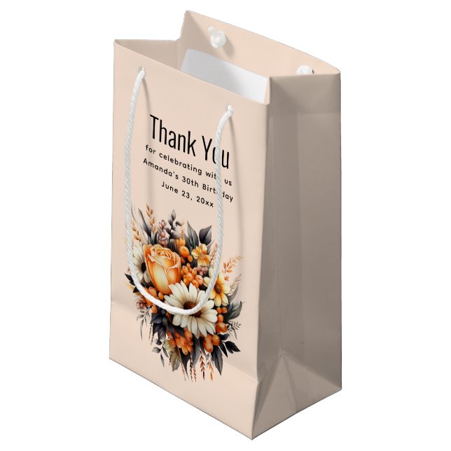 Orange Yellow Gray Blume Bouquet Vielen Dank Kleine Geschenktüte (Vorderseite Schrägansicht)