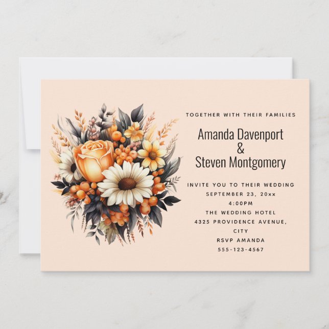 Orange Yellow Gray Blume Bouquet Wedding Einladung (Vorderseite)