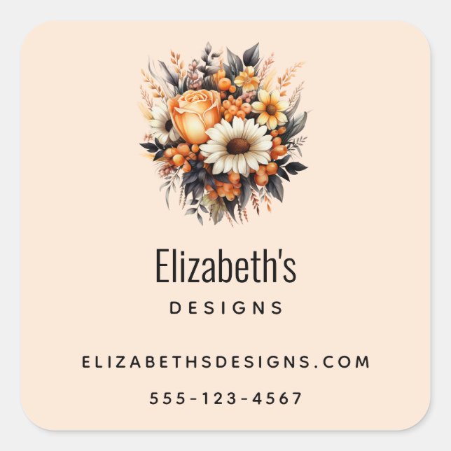 Orange Yellow Grey Blume Bouquet Business Quadratischer Aufkleber (Vorderseite)