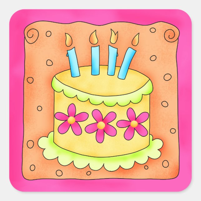 Orange Yellow Happy Birthday Cake Candles Quadratischer Aufkleber (Vorderseite)