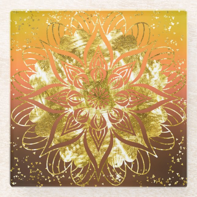 ORANGE & YELLOW OMBRE MIT GOLD MANDALA GLASUNTERSETZER (Vorderseite)