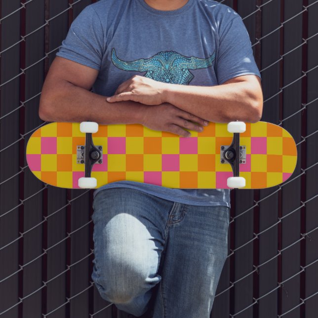 Orange Yellow Pink Checkered Pattern Design  Skateboard (Außenbereich 3)