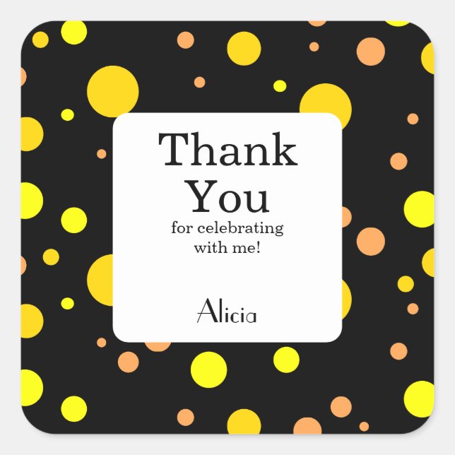 Orange Yellow Polka Dot Black Danke Quadratischer Aufkleber (Vorderseite)
