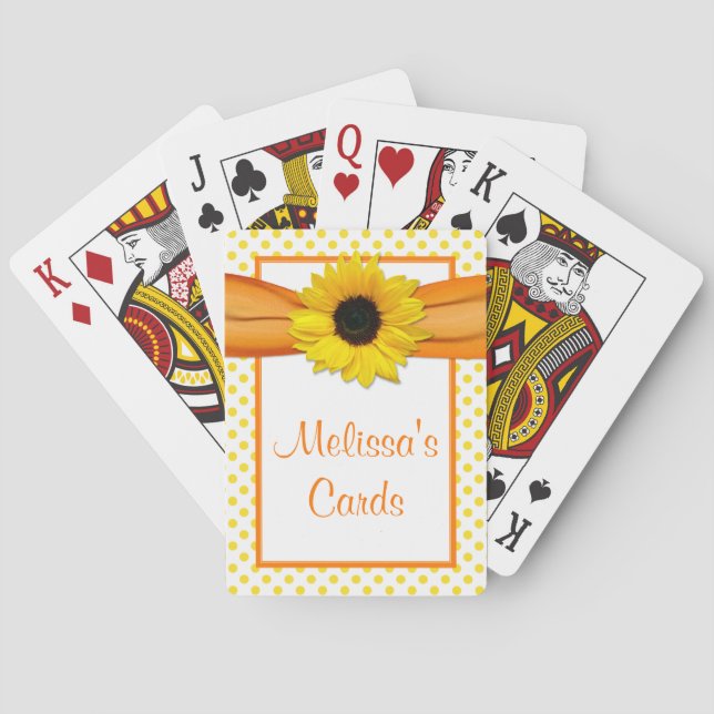 Orange Yellow Polka Dot Sunflower Personalisiert Spielkarten (Rückseite)