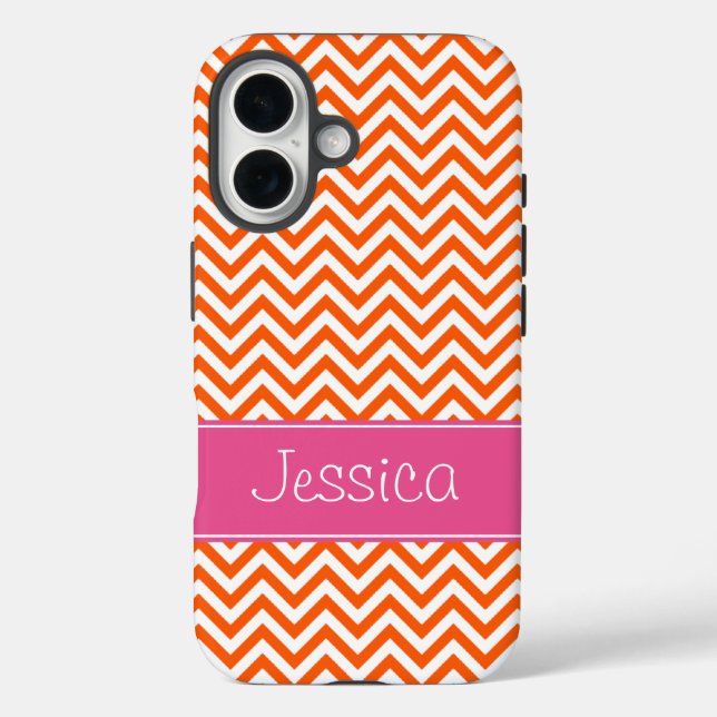 Orange Zickzack Chic Pink Personalisiert iPhone 16 Hülle (Rückseite)