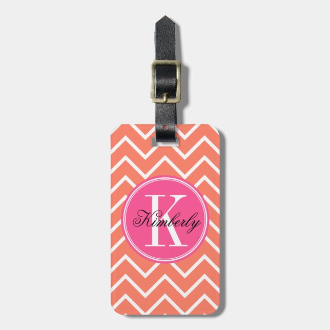 Orange Zickzack mit rosa Monogramm Gepäckanhänger (Vorderseite vertikal)