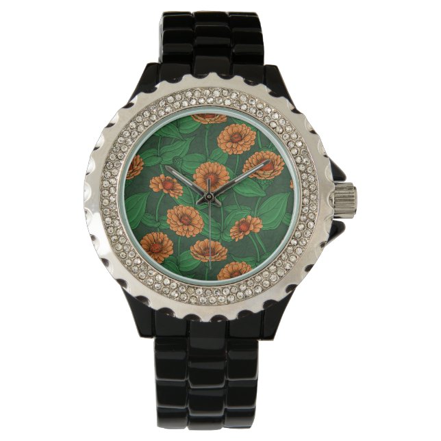 Orange Zinnia Blume, grüne Blätter auf dunkelgrün Armbanduhr (Vorderseite)