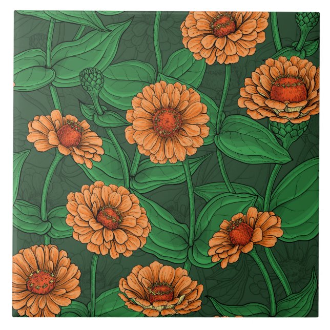 Orange Zinnia Blume, grüne Blätter auf dunkelgrün Fliese (Vorderseite)