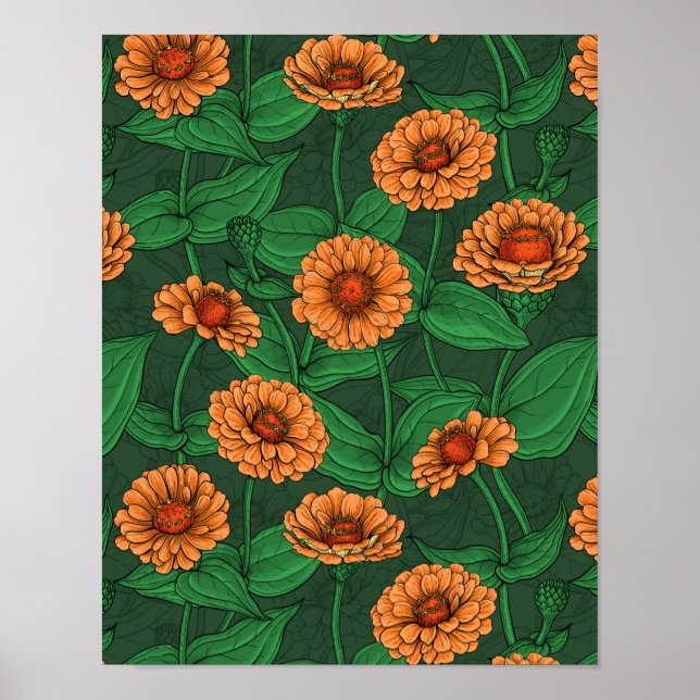 Orange Zinnia Blume, grüne Blätter auf dunkelgrün Poster (Vorne)