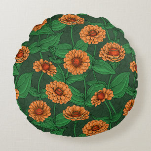 Orange Zinnia Blume, grüne Blätter auf dunkelgrün Rundes Kissen