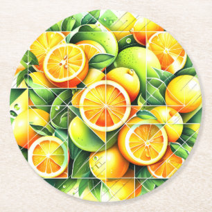 Orange Zitronen Botanische Zitrusschalen Geometris Runder Pappuntersetzer