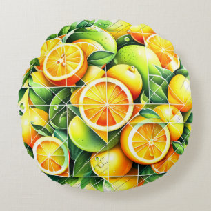 Orange Zitronen Botanische Zitrusschalen Geometris Rundes Kissen