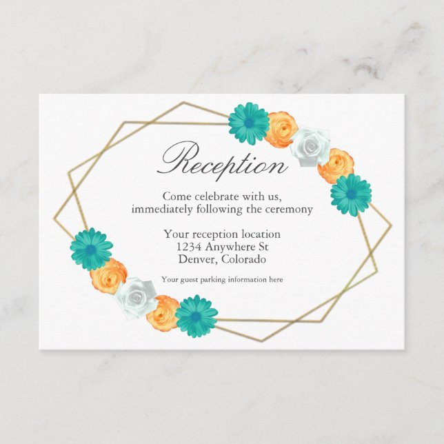 Orangefarbene Aquamarine geometrische Hochzeitsemp Begleitkarte (Vorderseite)