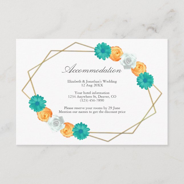 Orangefarbene Aquamarine geometrische Hochzeitsunt Begleitkarte (Vorderseite)