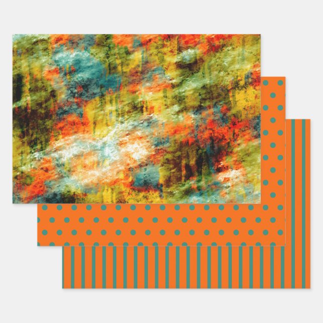 Orangefarbene Aquamarine Polka-Punkte Streifen Geschenkpapier Set (Set)