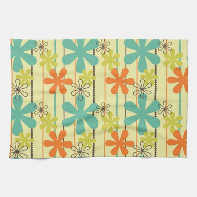Orangefarbene, Aquamarine und gelbgrüne Blume und  Geschirrtuch (Horizontal)
