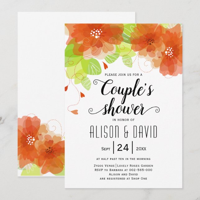 Orangefarbene ätherische Blume Hochzeitspaare dusc Einladung (Vorne/Hinten)