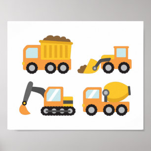 Orangefarbene Baufahrzeuge Kinderraumdekoration Poster