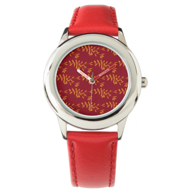 Orangefarbene Blätter der Silhouette auf rot Armbanduhr (Vorderseite)