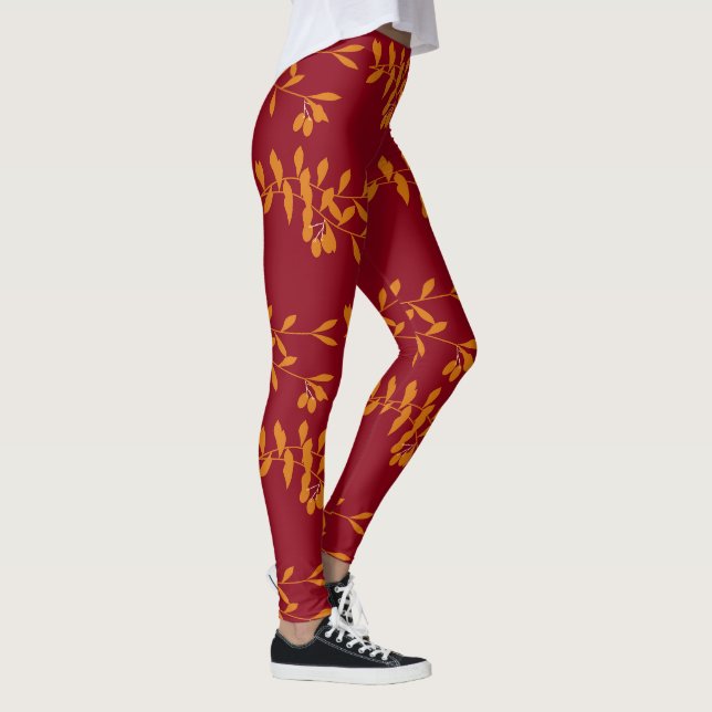 Orangefarbene Blätter der Silhouette auf rot Leggings (Rechts)