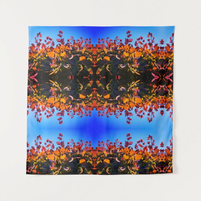 Orangefarbene Blätter und blaues Himmelsband Wandteppich (Vorderseite)