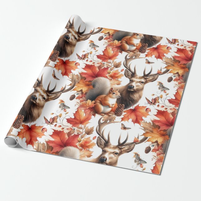 Orangefarbene Blätter und Hirsche im Herbst Geschenkpapier (Ungerollt)
