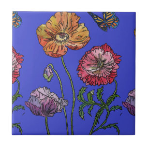 Orangefarbene blaue Mohnblume Keramik Tile Fliese