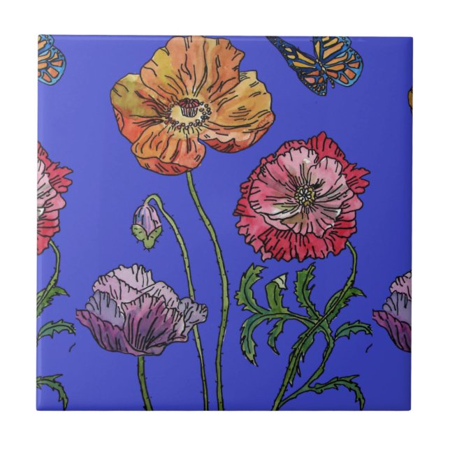 Orangefarbene blaue Mohnblume Keramik Tile Fliese (Vorderseite)