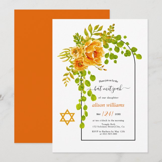 Orangefarbene Blume Bat Mitzvah Einladung (Vorne/Hinten)