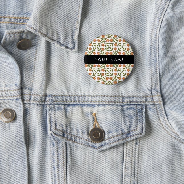 Orangefarbene Blume, Blumenmuster, Boho, Ihr Name Button (Beispiel)
