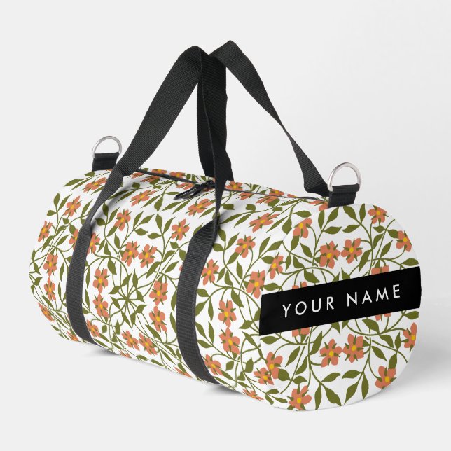 Orangefarbene Blume, Blumenmuster, Boho, Ihr Name Duffle Bag (Linke Seite)