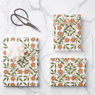 Orangefarbene Blume, Blumenmuster, Grünpflanzen, B Geschenkpapier Set