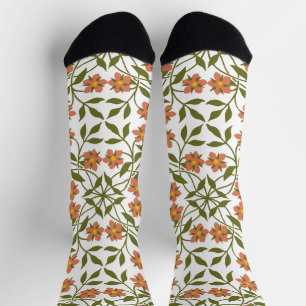 Orangefarbene Blume, Blumenmuster, Grünpflanzen, B Socken