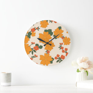 Orangefarbene Blume, Blumenmuster, Muster von Blum Große Wanduhr