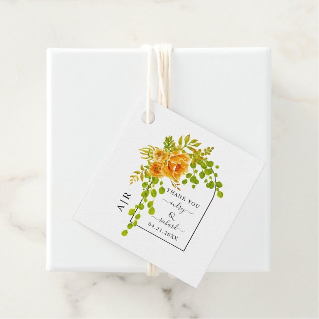 Orangefarbene Blume, Bogen und Monogramm-Hochzeit  Geschenkanhänger (Beispiel)