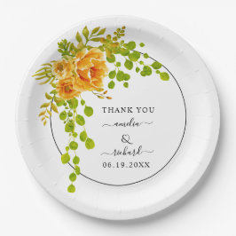 Orangefarbene Blume, Bogen und Monogramm-Hochzeit  Pappteller