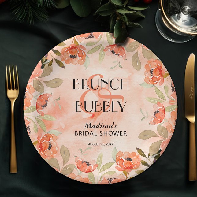 Orangefarbene Blume Brautparty Pappteller (Brunch and Bubbly orange floral personalized bridal shower paper plates)