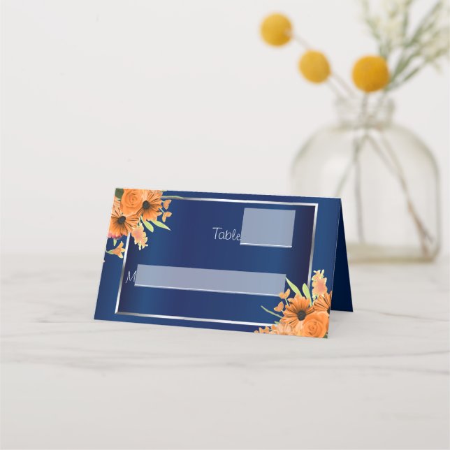 Orangefarbene Blume für Navy Blue Platzkarte (Vorderseite)