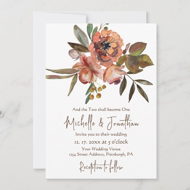 Orangefarbene Blume Grüne Christliche Hochzeit Einladung (Vorderseite)