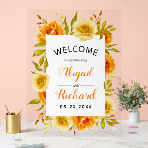 Orangefarbene Blume Hochzeitsempfang Acrylschild
