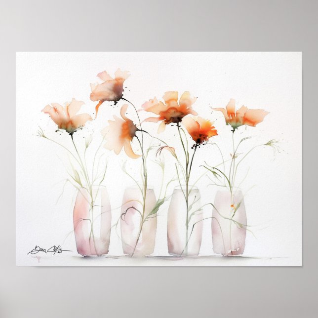 Orangefarbene Blume in Glasvasen Poster (Vorne)