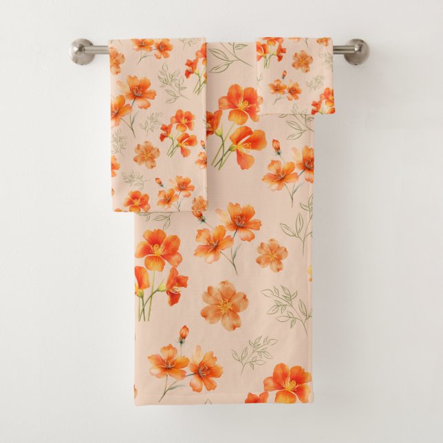 Orangefarbene Blume mit grünen Blätter Badhandtuch Set (Insitu)
