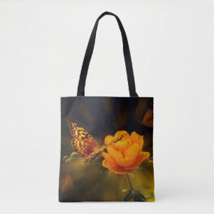 Orangefarbene Blume mit Schmetterlingen Tasche