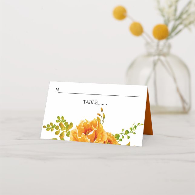 Orangefarbene Blume und Blätter Hochzeit Platzkarte (Vorderseite)