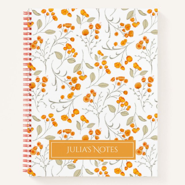 Orangefarbene Blume und Blätterzweige Notizbuch (Vorderseite)