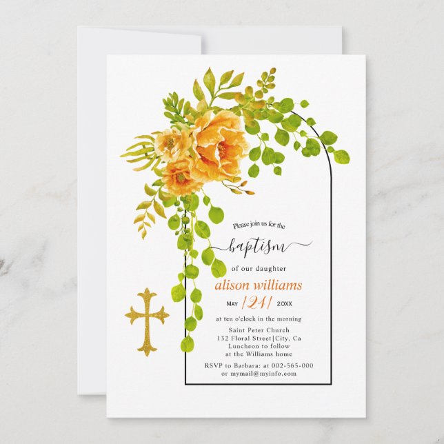 Orangefarbene Blume und blumenreiche Erztaufe Einladung (Vorderseite)