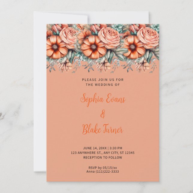 Orangefarbene Blume und Grünpflanzen Orange Weddin Einladung (Vorderseite)