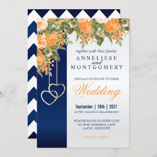 Orangefarbene Blume und Navy Blue Einladung